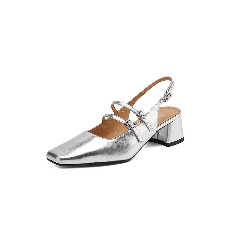 Fashion NEW Summer Women Sandals Genuine Leather Shoes Women Square Toe Chunky Heel Shoes Cover Toe Slingback Sandals Mary Janes Shoes