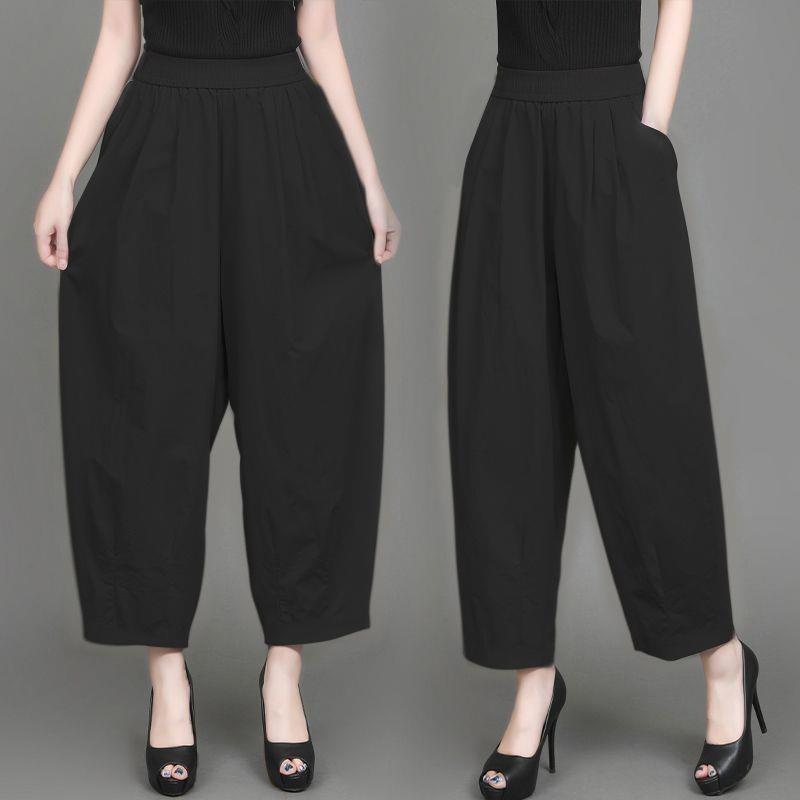 

Women s High-Waist Elastic Lantern Pants: Plus Size, Slimming, Casual, Nine-Point Length L 100-115 lbs чёрный