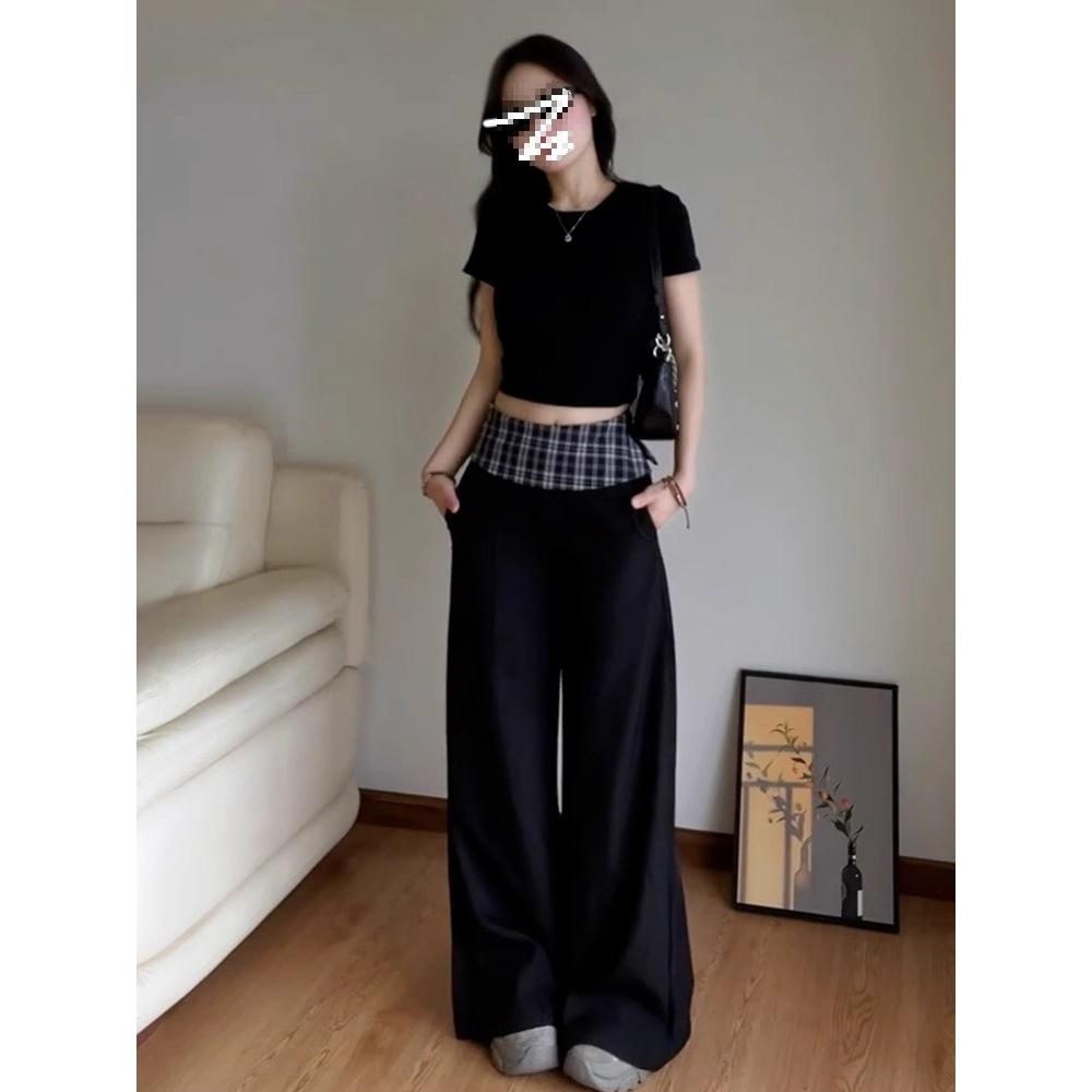 Black plaid splicing suit wide-leg pants women's new loose and lazy wind drooping high-end casual trousers