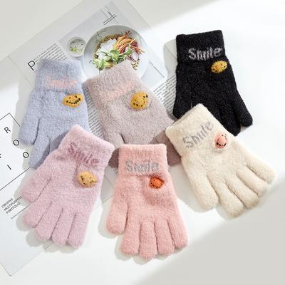 Gestrickte Wollhandschuhe für Damen im Herbst und Winter Cartoon Niedlich Spalthandschuhe und Fünf-Finger Mit Samt Gefüttert Warm Studenten Radfahren Baumwollhandschuhe Trendig