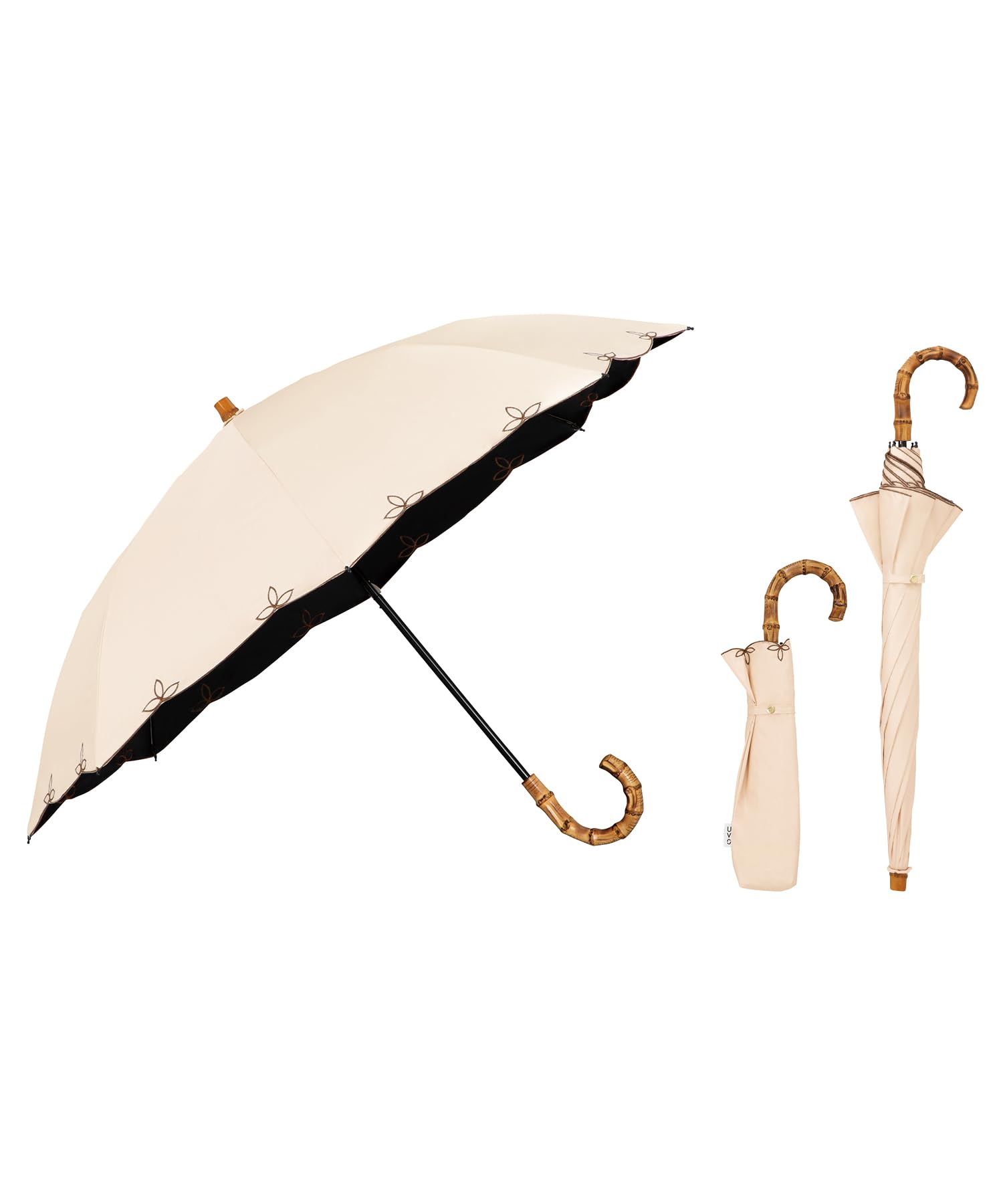 

UVO Folding the Ultimate Embroidered Scallop Light Blocking UV UPF Heat Suitable for Rain or Can Also Be Used as a Long Stylish Bamboo Wpc. (Ubo) бежевий