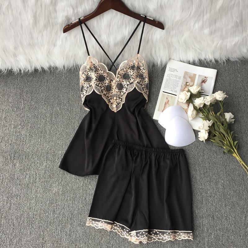 

Піжама Сексуальна Жіноча Шовк Льоду На Бретельках Шорти Двокомпонентна Кімната Спокуси Біла з Накладками на Груди Без Спини Літній Домашній Одяг XL чорний