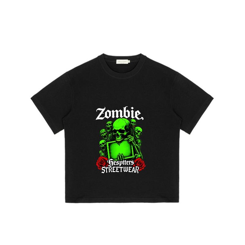 Zombie Streetwear Black T-Shirt With Green Skull And Rose Graphic For Casual Wear