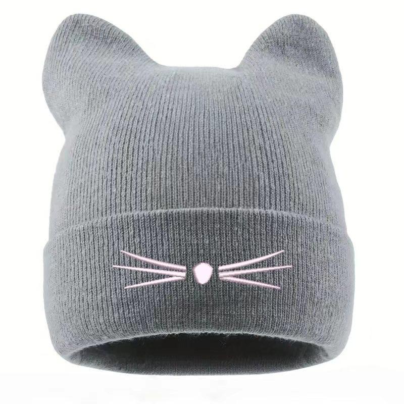 Ladies Cat Ears Knitted Hat Cat Pattern Cute Wool Hat Pullover Hat, Stylish Warm Knitted Hat