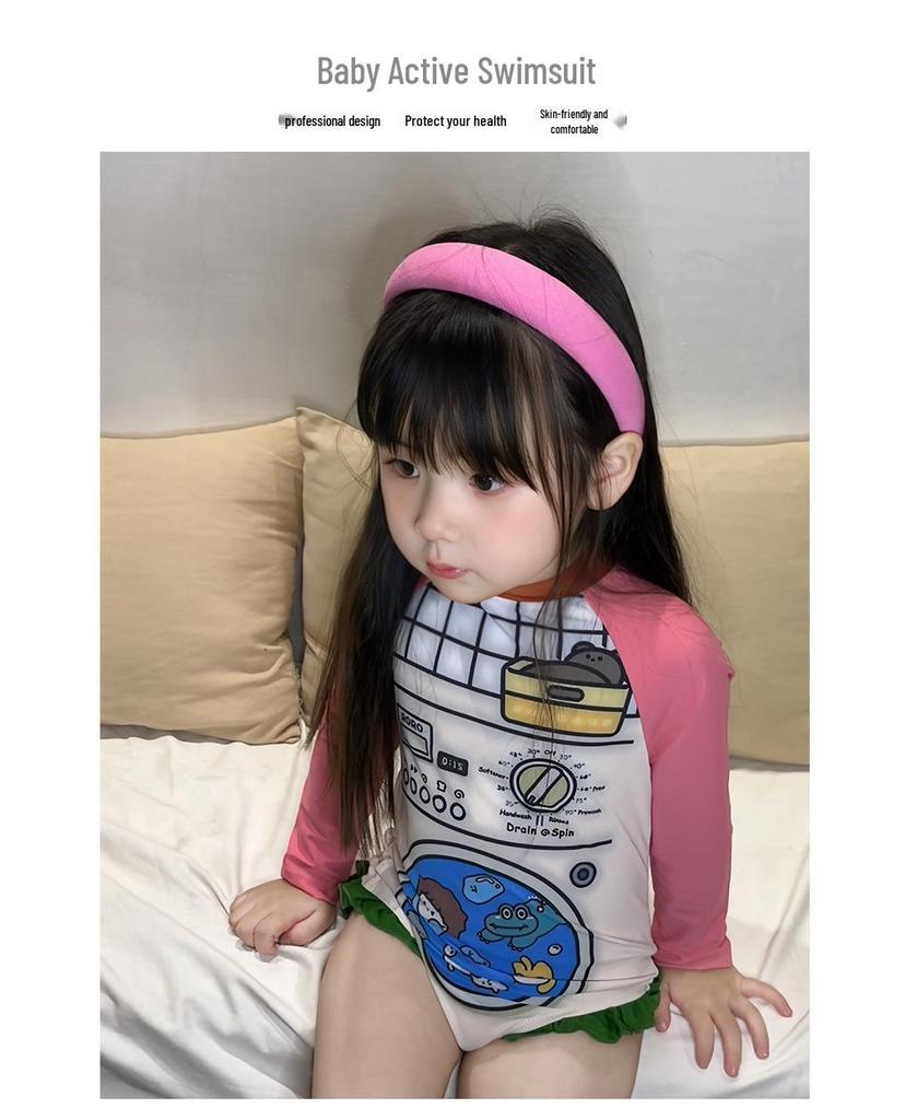 Korean Style Cartoon Lace One-Piece Swimsuit for Girls - Summer Graffiti Design for Small To Medium Children