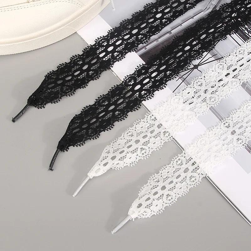 2.9CM Wide Fancy Lace Flat Shoelace For Sneakers Sweet Shoe Laces For Women Casual Shoestring Black White Shoe Accessorices