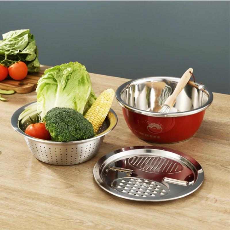 3pcs/1 Set of Stainless Steel Multi-purpose Basin,slicing,grater,drain Basin, Vegetable and Fruit Basin, Used for Home,camping