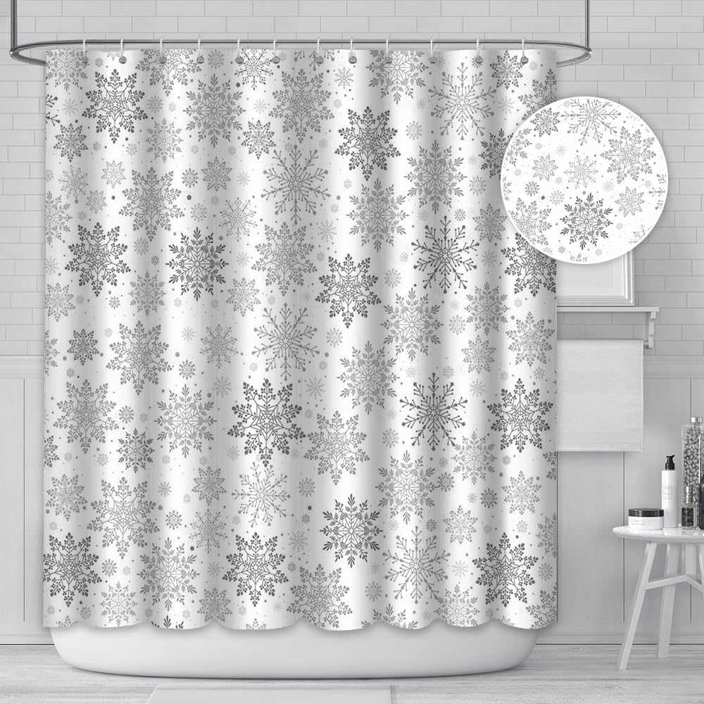 Winter Snowflake Gray White Shower Curtain Pattern Snow Shower Curtain Bathroom Christmas Decor Waterproof Polyester Fabric With