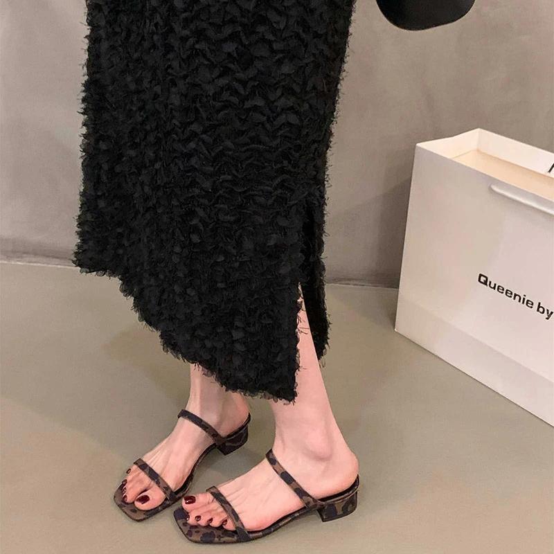 Summer Leopard Square Toe Women Slippers Elegant Low Heel Slide Ladies Outdoor Beach Dress Sandalias