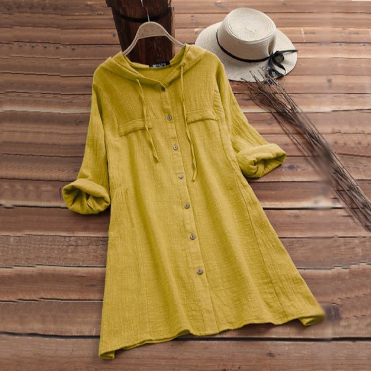 

Блузка женская на завязках хлопок лен однотонная шапка свободная с капюшоном и длинными рукавами кардиган рубашка XXXXL жёлтый