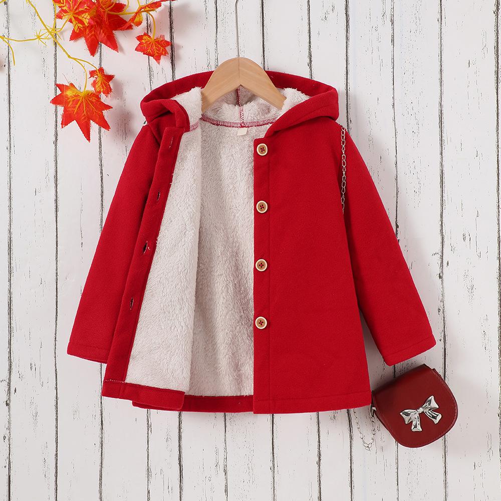 

Детская одежда Новая осенне-зимняя куртка для девочек однотонная на флисовой подкладке с капюшоном на пуговицах 7Y красный