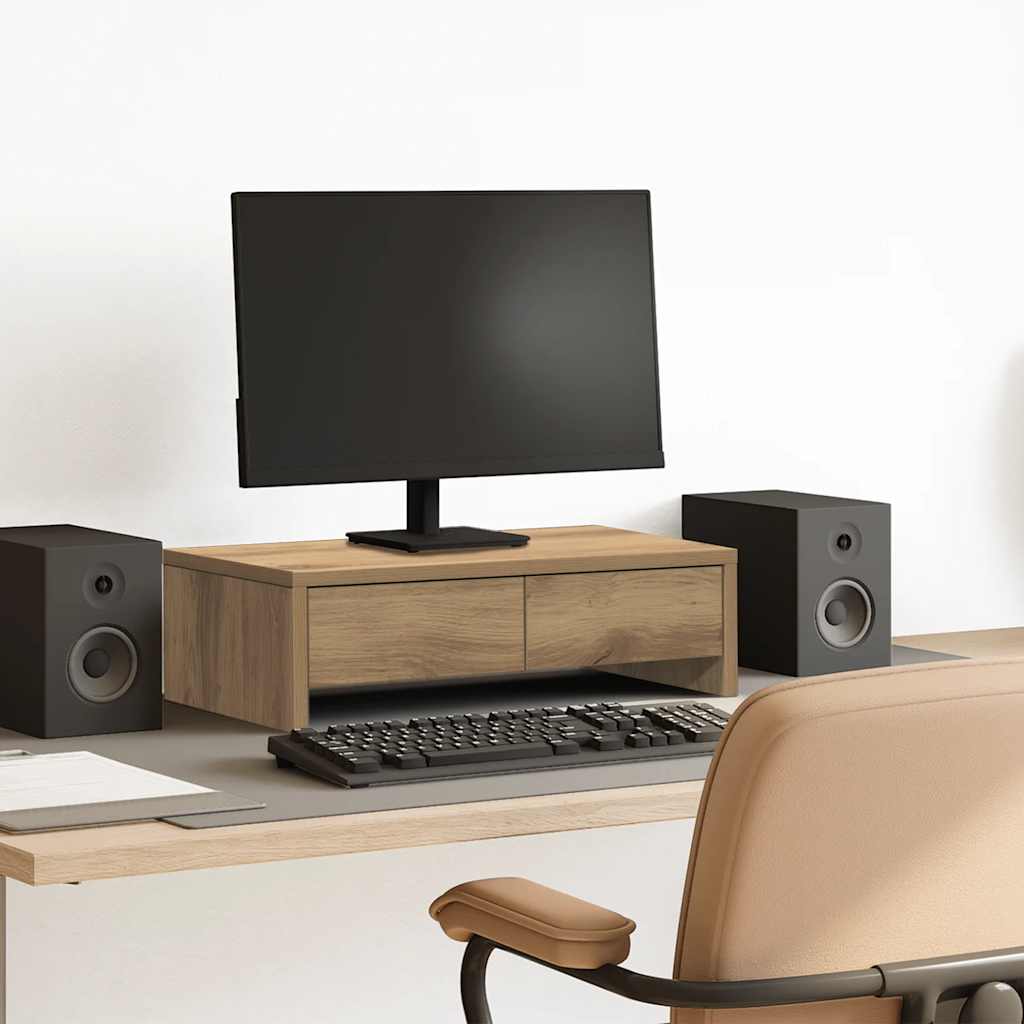 Dual Monitor Stand with Drawers Artisan Oak Finish 50 X 27 X 15 Cm