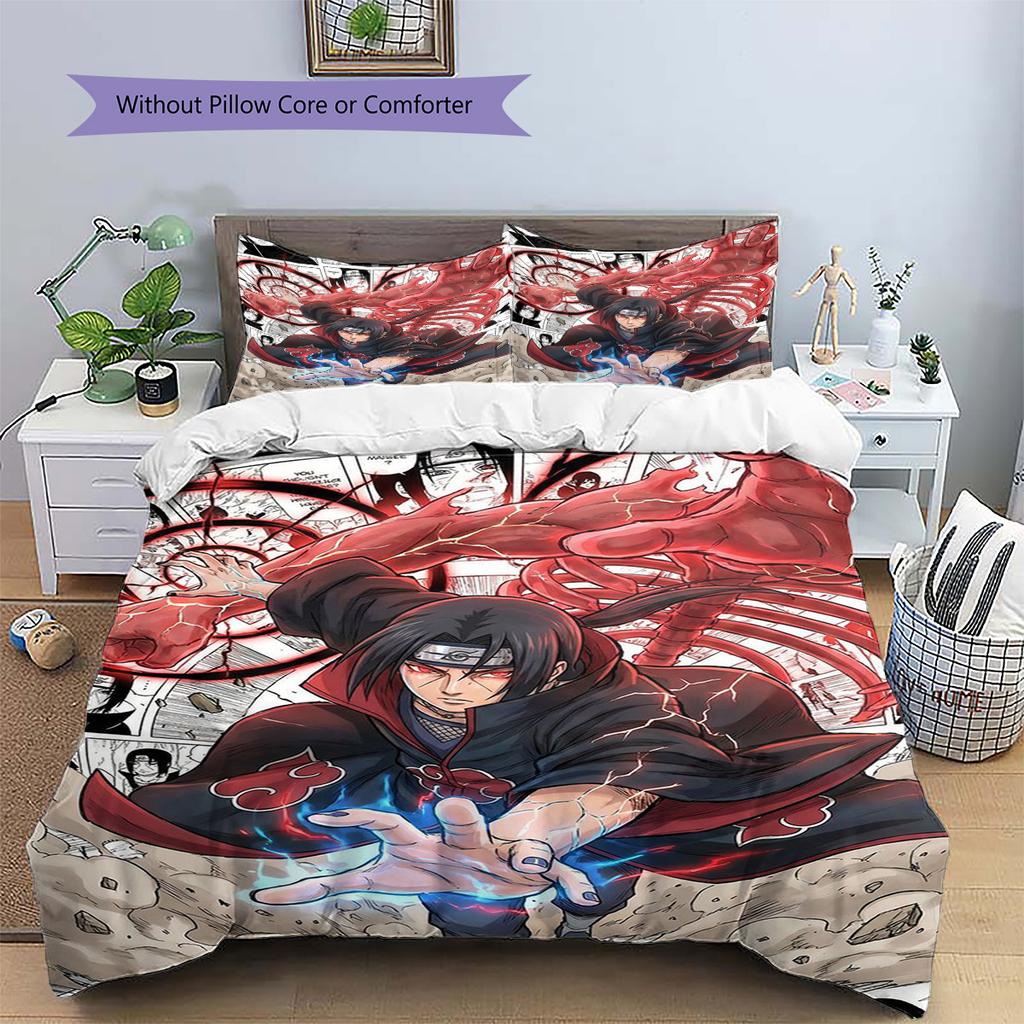 Itachi Uchiha Patterned Pillowcase & Duvet Cover Set Anime Motif Printed Bedding for Bedroom Thoughtful Present for Fans.-TING