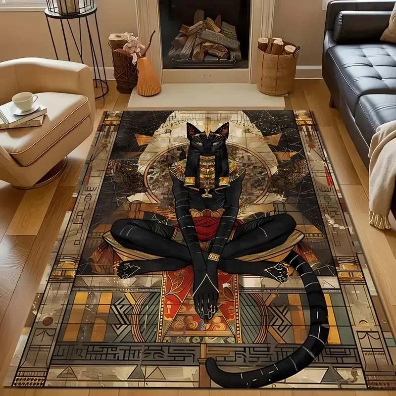 New Shelves! Egyptian Mythology Black Cat Carpet, Living Room Bedroom Office Children's Room Rugs, Non-slip Machine Washable Mat