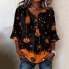 Women's Casual V-Neck Ruffle Sleeve Loose Fit Blouse with Halloween All-Over Print