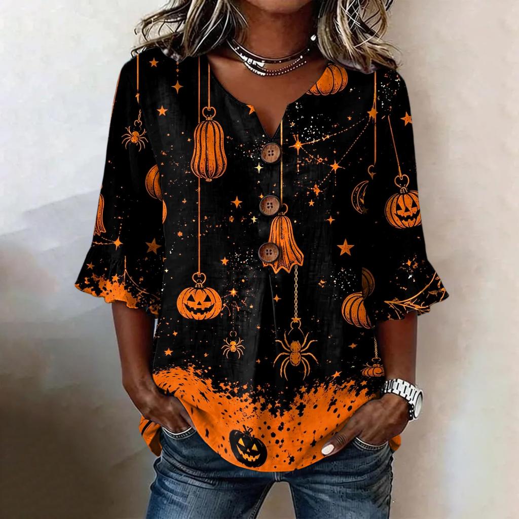 Women's Casual V-Neck Ruffle Sleeve Loose Fit Blouse with Halloween All-Over Print