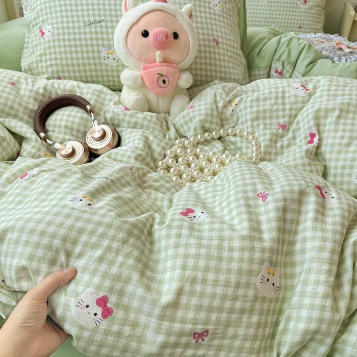 Class A soft waxy washed cotton four-piece bedding cute small fresh quilt cover bed sheet student dormitory bed hat model