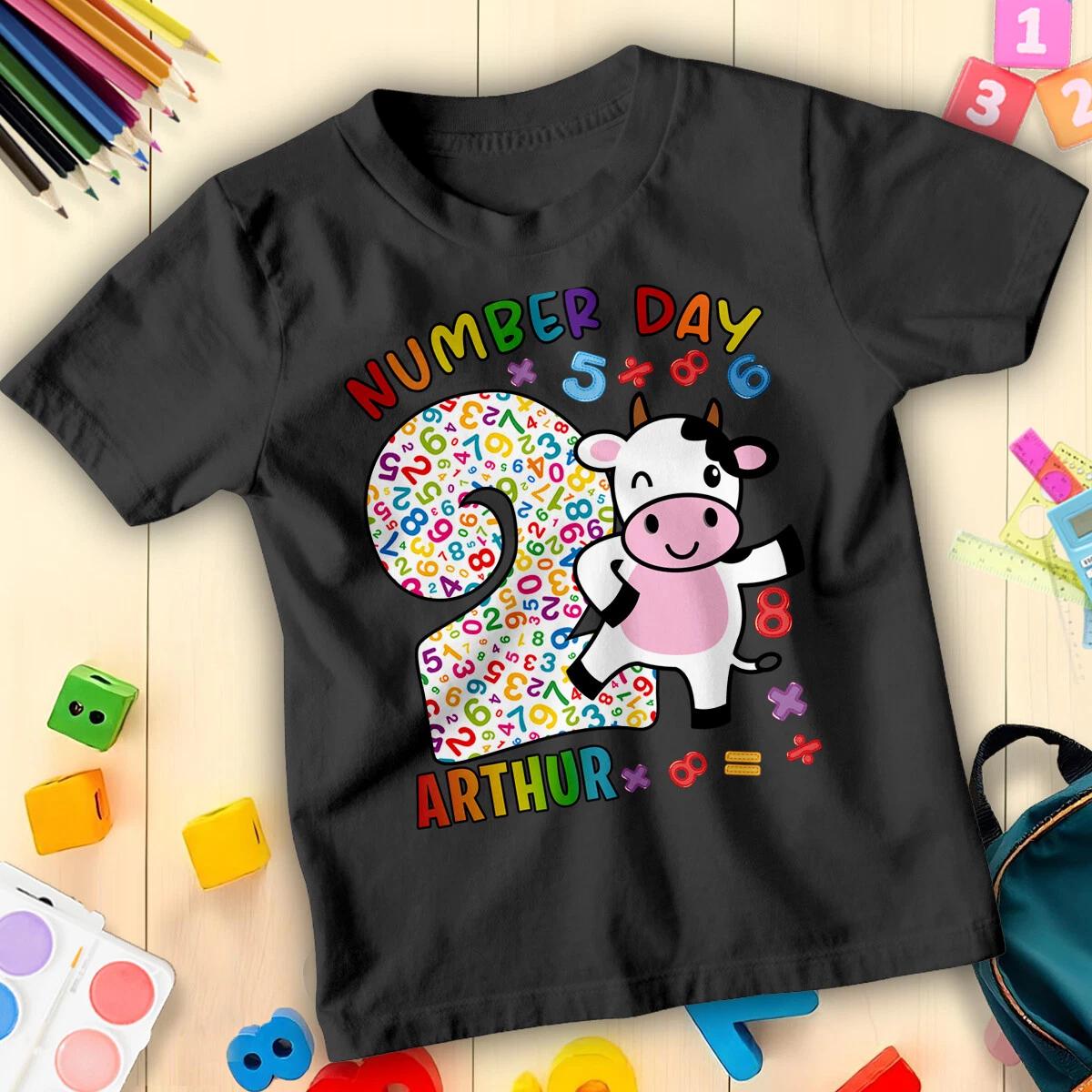 Personalised Boys and Girls Cow Number Day Maths Day Ideas T-Shirt for Kids #ND S