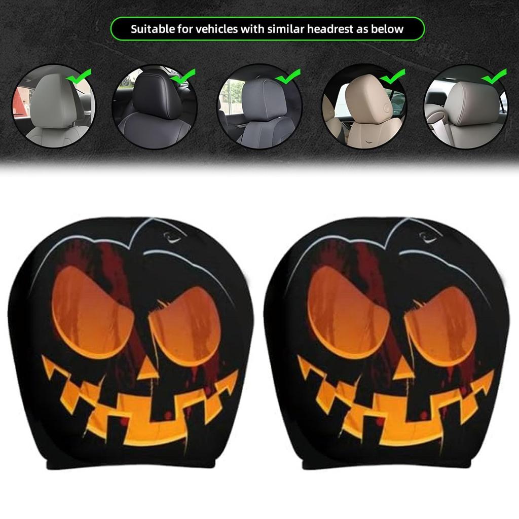 2pcs Car Seat Headrest Cover Halloween Spooky Face Car Headrest Covers Soft Vehicle Accessories Car Interior Decoration Supplies