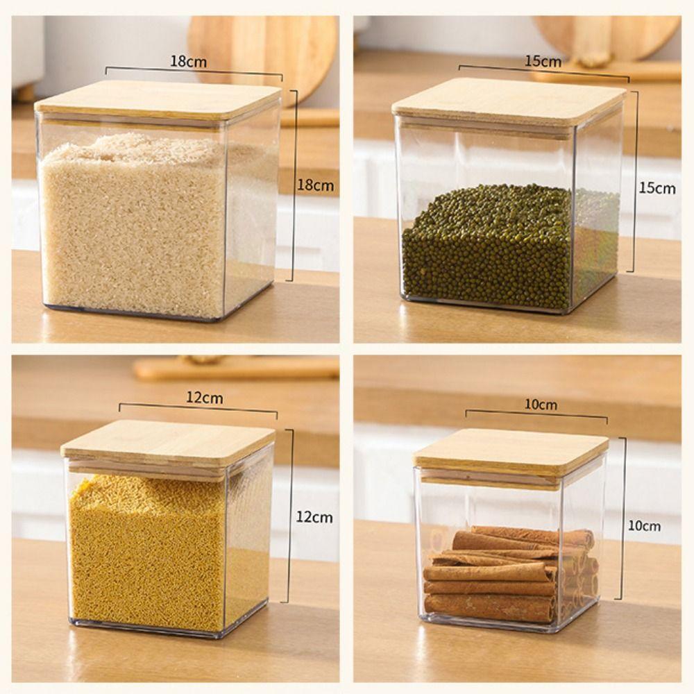 Transparent Square Storage Jars Bamboo Lids Sealed Can Kitchen Canister Moisture Proof Clear Spice Containers Kitchen