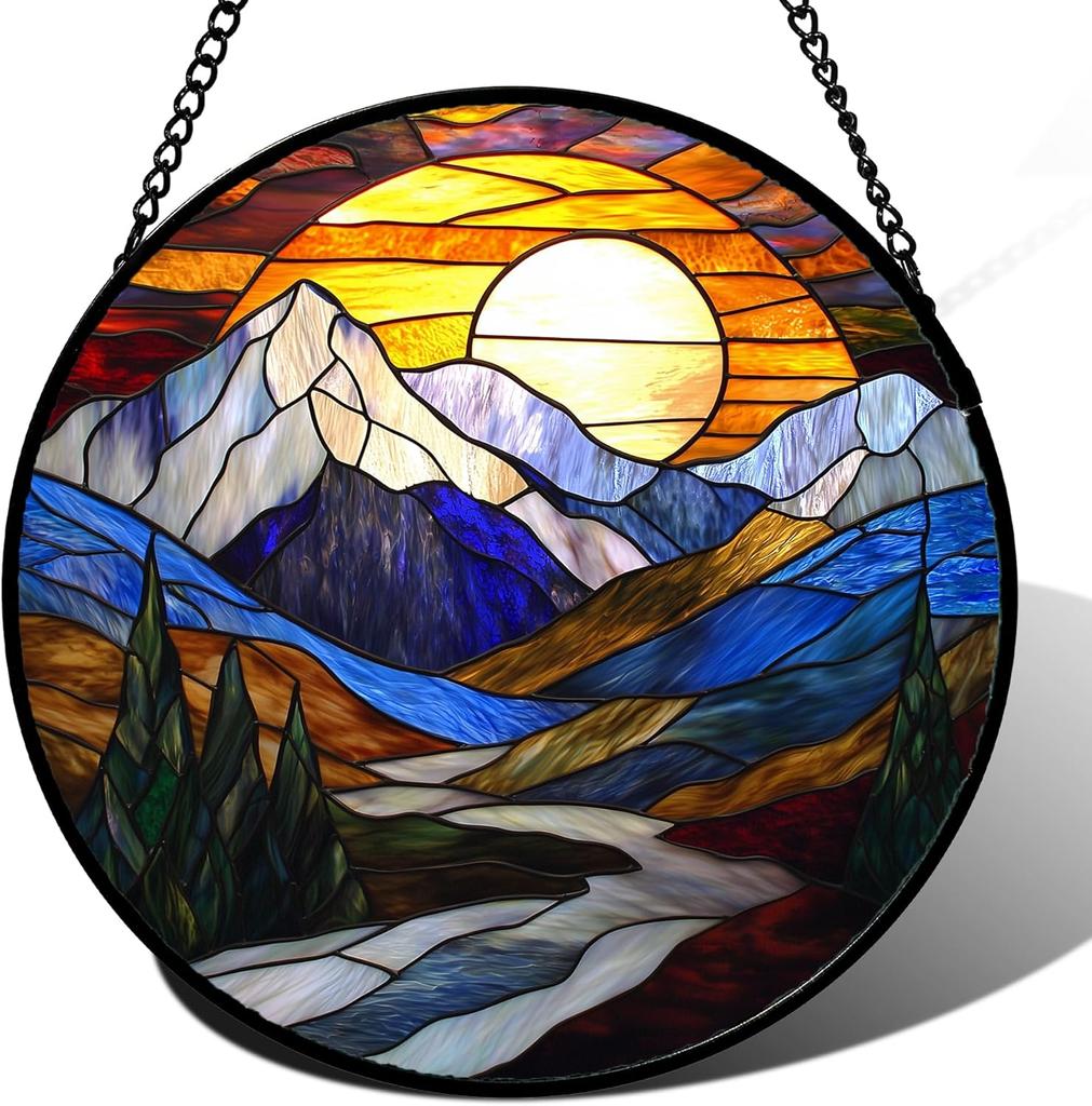 Stained Glass Window Hanging, Sunset Mountains Lake Tree Sun Catcher for Window Home Decor Landscape Suncatcher Mother's Day Birthday Gifts 7.8 in