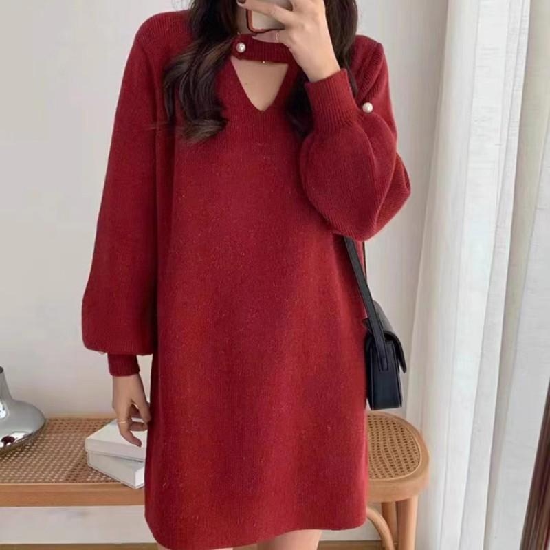 

Bright silk temperament medium and long bottom knitted dress autumn and winter new fashion with soft waxy sweater blouse One size красный