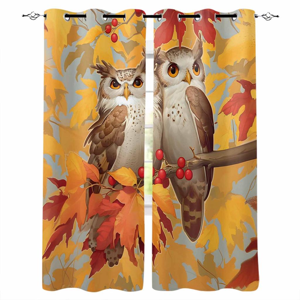 Autumn Yellow Maple Leaves Two Owls Branches Blackout Curtains For Living Room Bedroom Window Treatment Blinds Kitchen Drapes