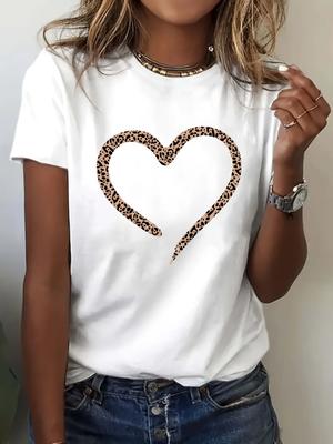Leopard Heart Print Women's Short Sleeve Crew Neck T-Shirt Design Casual Trendy Graphic Tee Y2k Top Women Clothes