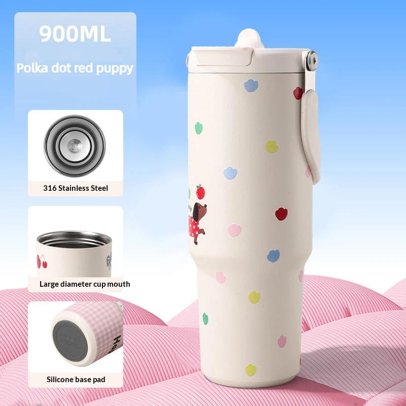 Cartoon Animal Thermos Cup Large Capacity Stylish Portable Straw Cup Outdoor Women's Insulated Coffee Mug