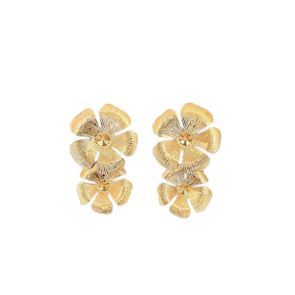 Elegant Double-Layered Flower Dangle Earrings: Stylish Brushed Metal Jewelry for a Fresh, Fashionable Look