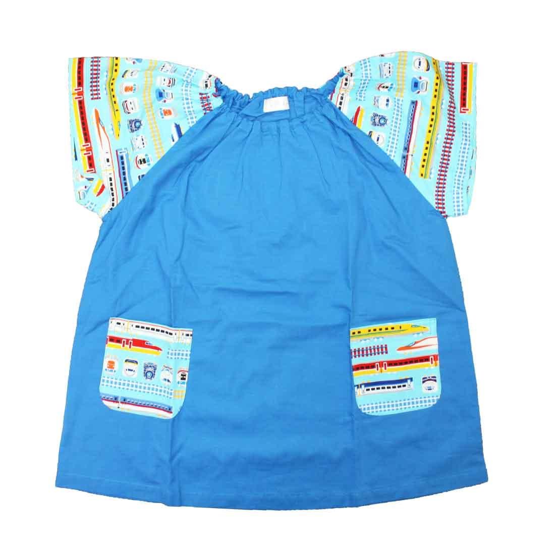 

Short sleeve smock [kindergarteners/toddlers] Blue x train pattern sleeves for kindergarten, nursery school, elementary school, going to school,