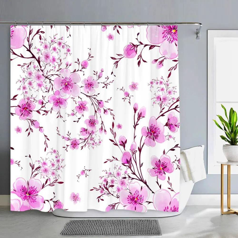 Pretty Cherry Blossom Shower Curtain Botanical Floral Flower Decoration Polyester Fabric Washable Shower Curtains Bathroom Decor