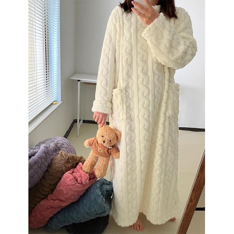 Fashion Winter Women Nightgowns Jacquard Dress Night Dress Loose Solid Color Thickened Flannel Sleepwear Home Clothes