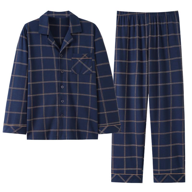 Pure Cotton Men's Pajamas Long-sleeved Suit Spring and Autumn Plus Size Youth Loungewear Autumn and Winter Plaid New Autumn Models