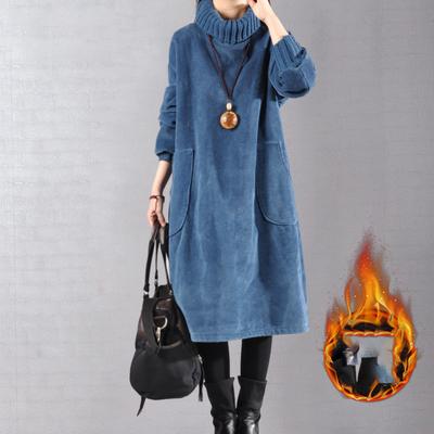 Plus Size 5XL 140kg Autumn Winter Fleece Dress Long Sleeve Turtleneck Solid Color Dress Loose Waist Warm Thicken Dresses