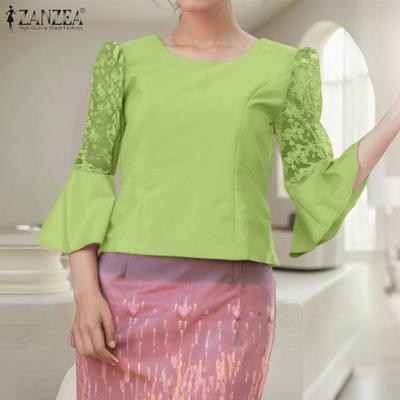 Damen Lässiges Rundhals Spitzenbesatz 3/4-Ärmel Lockere Bluse