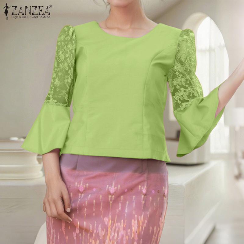 

ZANZEA Women Casual Round Neck Lace Splice 3/4 Sleeve Loose Blouse S