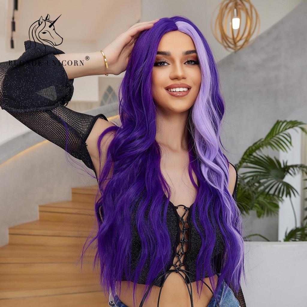 BLONDE UNICORN Lila Highlight-Perücke, lange gewellte synthetische Perücken ohne Pony, Cosplay-Party, Lolita, Verwendung hitzebeständiger Fasern für Frauen