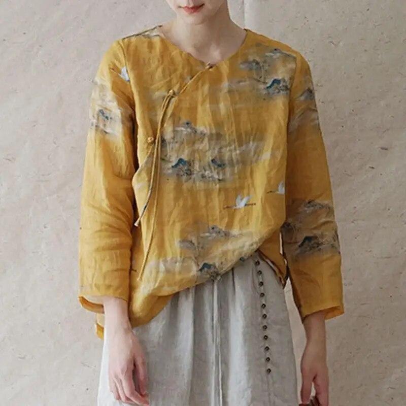 

Johnature Leisure Ретро-стиль с принтом и пряжкой, рубашка с длинным рукавом и круглым вырезом, осенние удобные женские топы M жёлтый