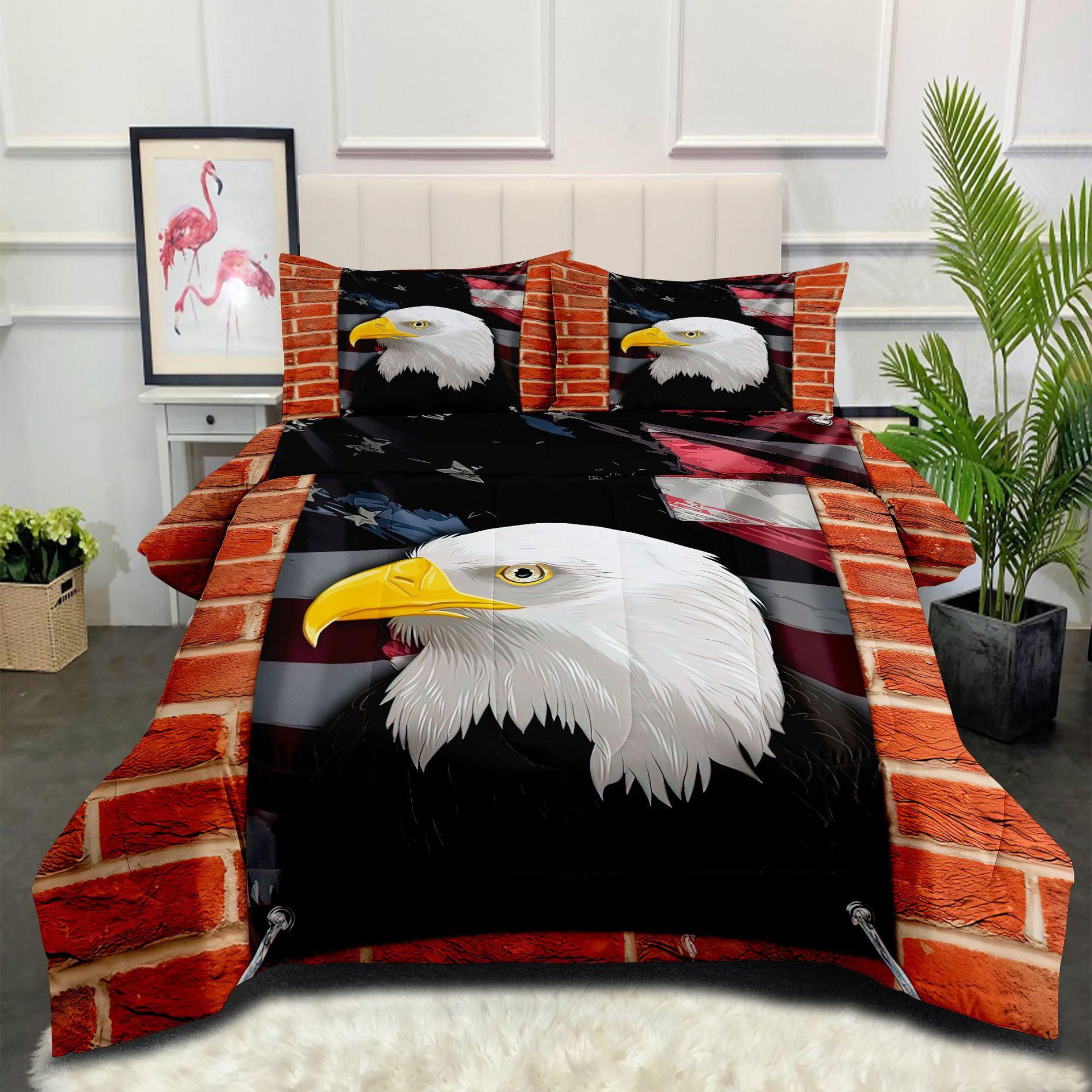 

Independence Day Red, White, and Blue Flag Totem Eagle Feather Silk Cotton Quilt and Duvet Cover Three-piece Set 140*200cm