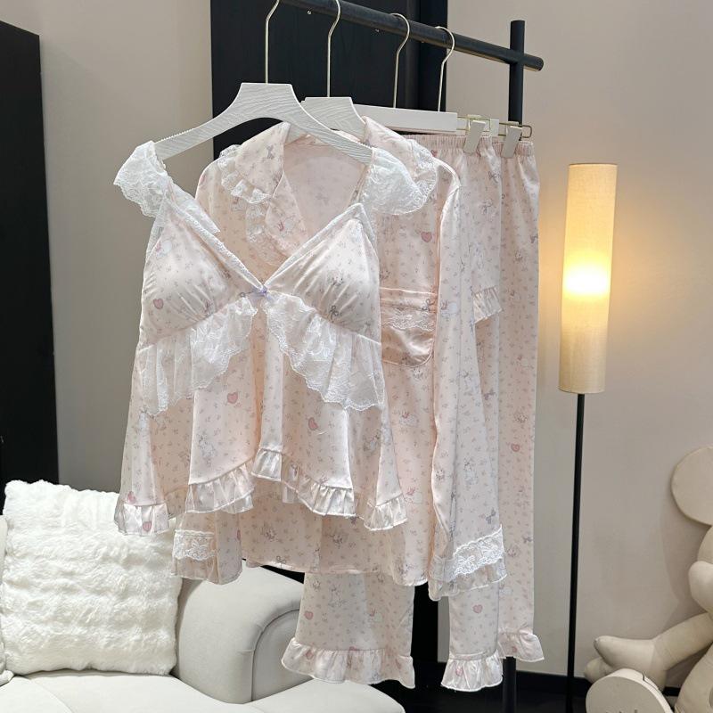 Yase Pink Woven Rabbit Pajamas Set: Sweet & Sexy Spring/Autumn Ice Silk Four-Piece with Chest Pads M