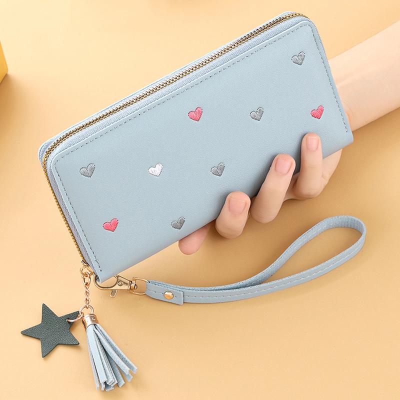 New Long Women Wallet With Heart-Shaped Korean Style Tassel Embroidery Card Holder For Women