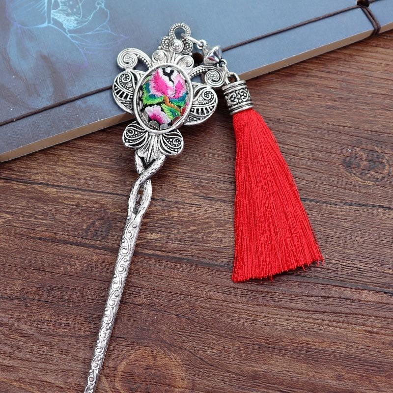 Vintage embroidery earrings hairpin classical temperament Miao peacock flower fringed earrings hair accessories set women