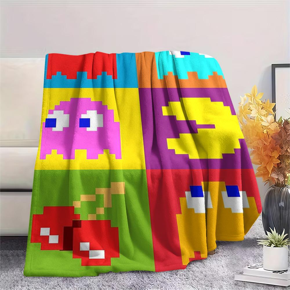1PC Pac-Man Patterned Flannel Blanket Suitable For All Seasons for Home Decor Warmth and Comfort Gifts Holiday Present