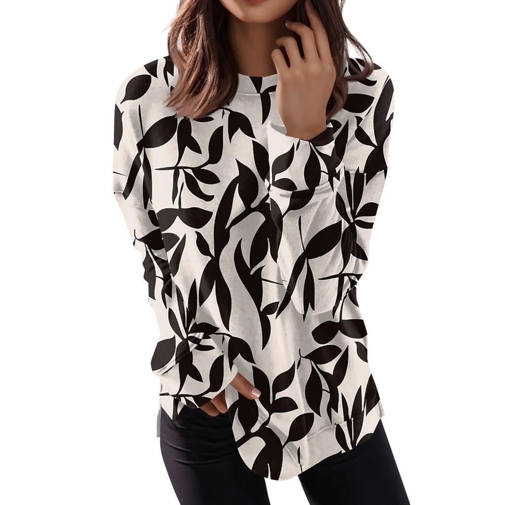 Women's Round Neck Tops Cotton Women's Casual Fashion Print  Long Sleeve O-Neck Pullover Top Blouse