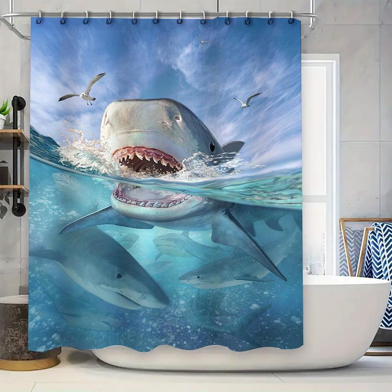 Blue Ocean Shower Curtain With Giant Shark Print Perfect For Sea-Themed Bathrooms!