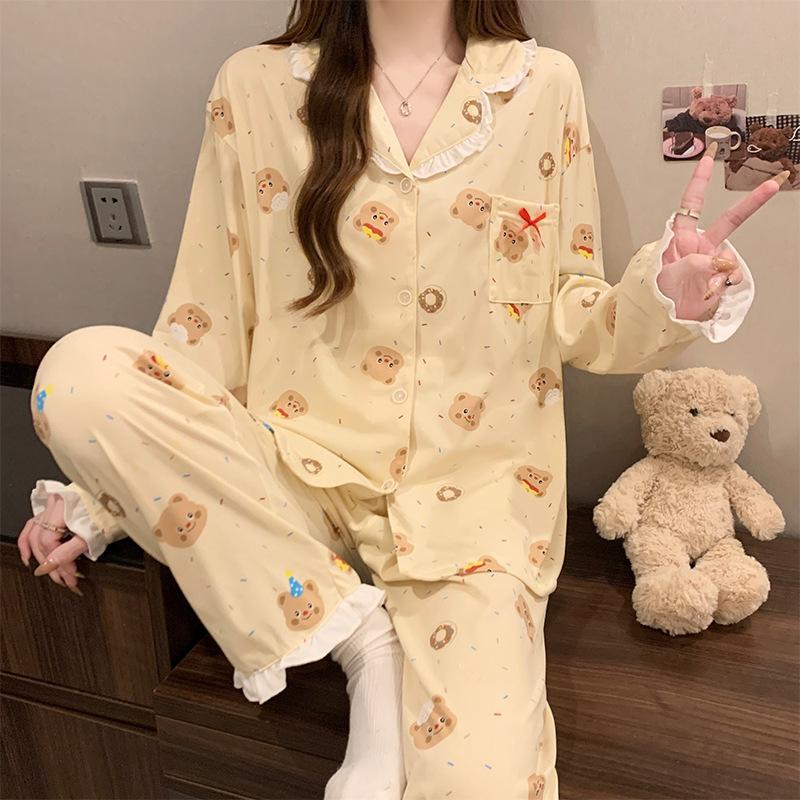 

Пижама женская весенне-осенняя из высококачественного имитированного хлопка с милым кружевом, с длинными рукавами, свободного кроя 2XL [Recommended 130-72.5kg]