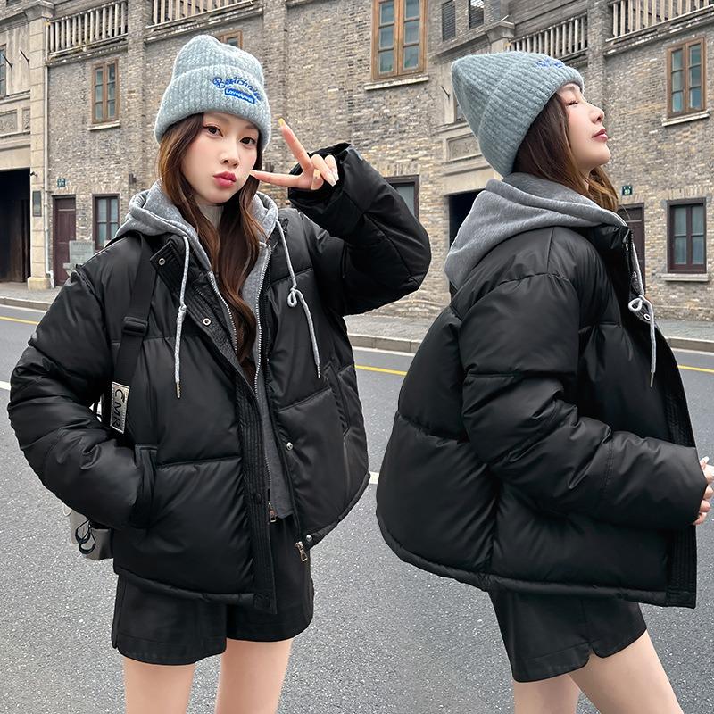 Women S Short Hooded Cotton Padded Coat Fake Two Piece Casual Jacket