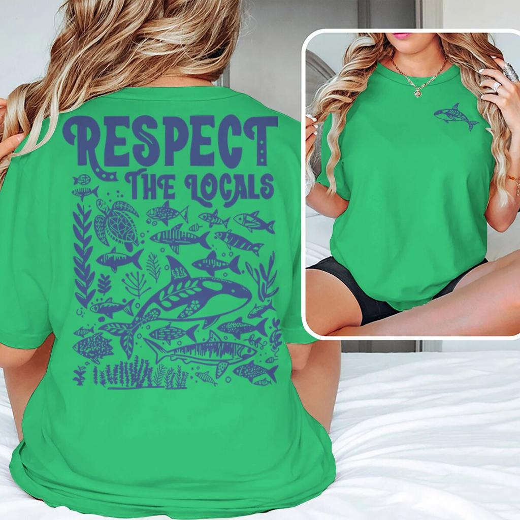 Ocean Animal Vintage Print T Shirt "Respect The Locals" Ocean Beach Series T-Shirts Unisex Unisex Short Sleeve Summer Vibes Tshirts