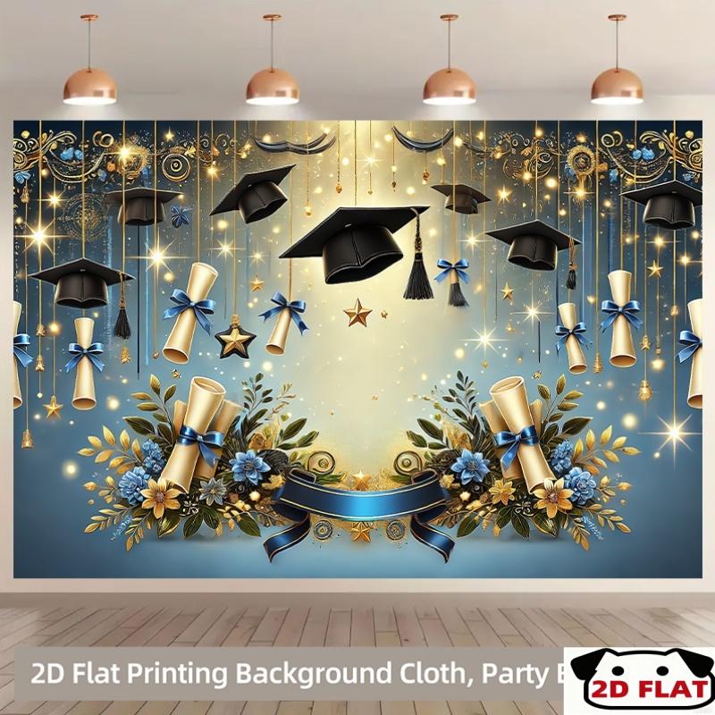 2D Flat one banner graduation celebration theme - featuring gold tassels graduation caps stars and blue ribbons elements